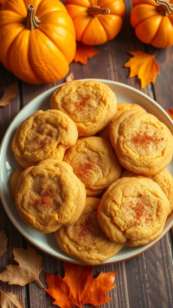 A plate of pumpkin spice cookies with cinnamon, surrounded by pumpkins and leaves.